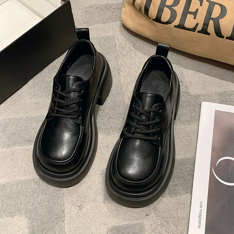 小皮鞋百搭乐福鞋新款玛丽珍增高厚底小皮鞋女圆头鞋子黑色单鞋