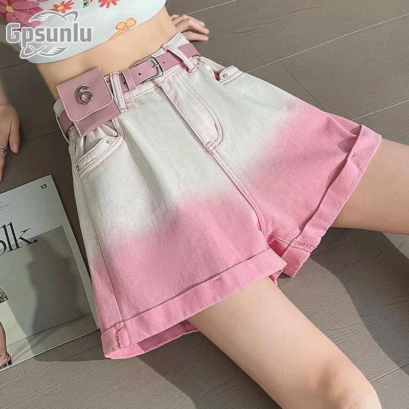 gpsunlu渐变粉色牛仔短裤女夏天百搭宽松阔腿高腰版花苞四分裤