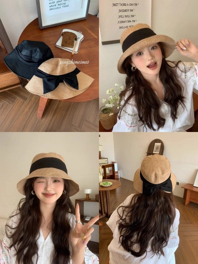 SY～“原创亚麻”高麻蝴蝶结草帽子女2025新款显脸小遮阳晒渔夫帽