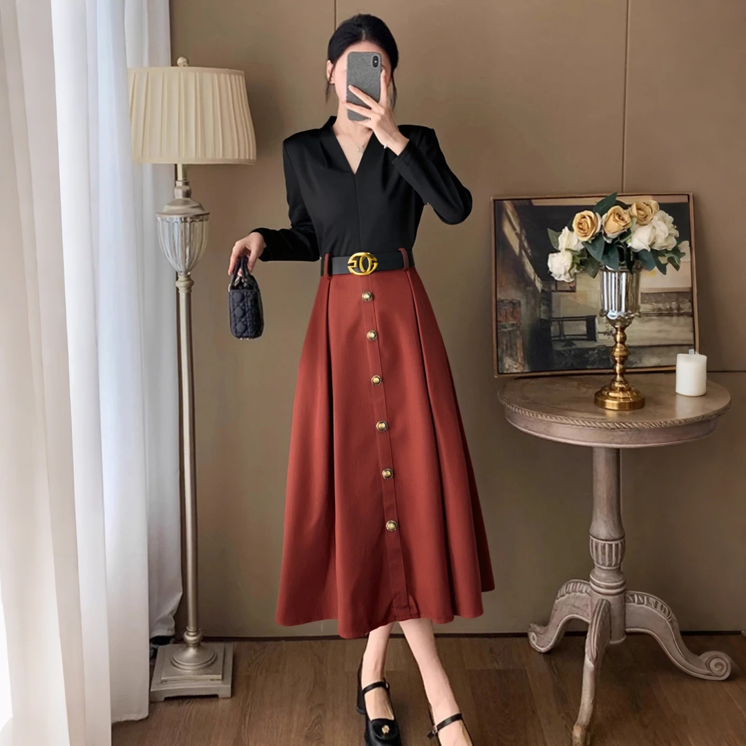 A2025新款春季女装连衣裙收腰褶皱裙子显瘦气质时尚长裙子2086