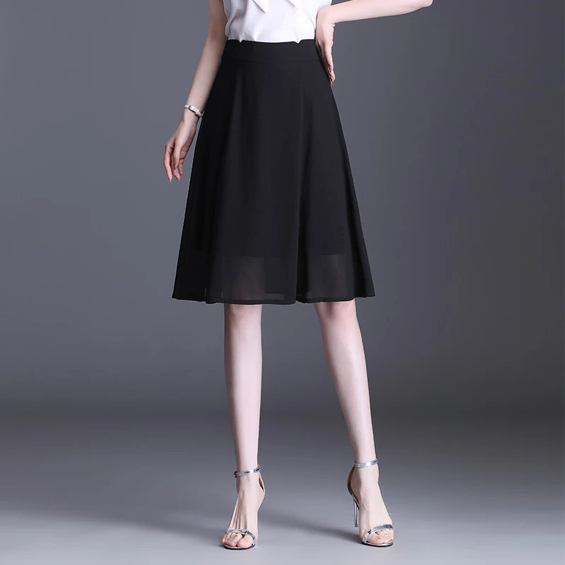 女士雪纺半身裙垂感a字短裙胖mm大码小个子伞裙高腰显瘦小黑裙夏