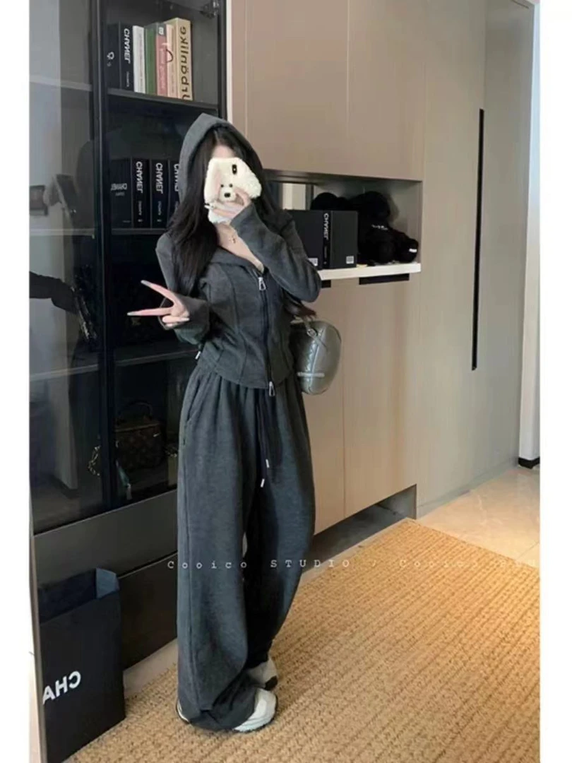 【二胖儿】灰色拉链连帽卫衣外套女休闲套装高腰宽松阔腿长裤两件套