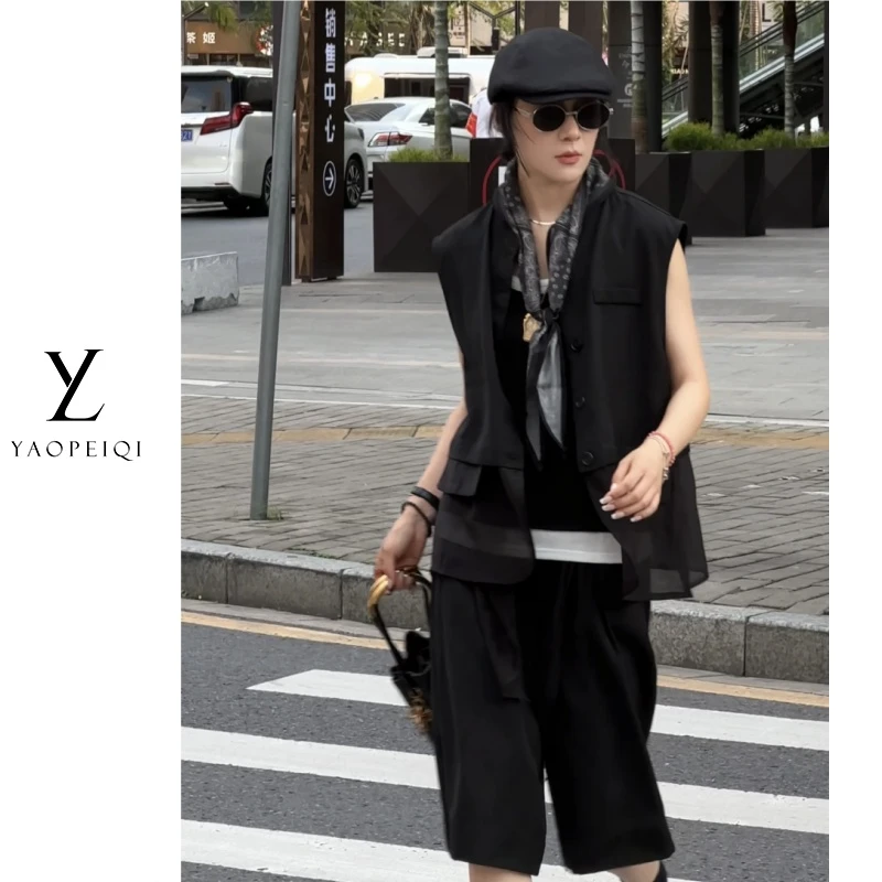 YAOPEIQI 夏季时尚设计感亚麻马甲+中裤套装女 YP651#HC70859AB