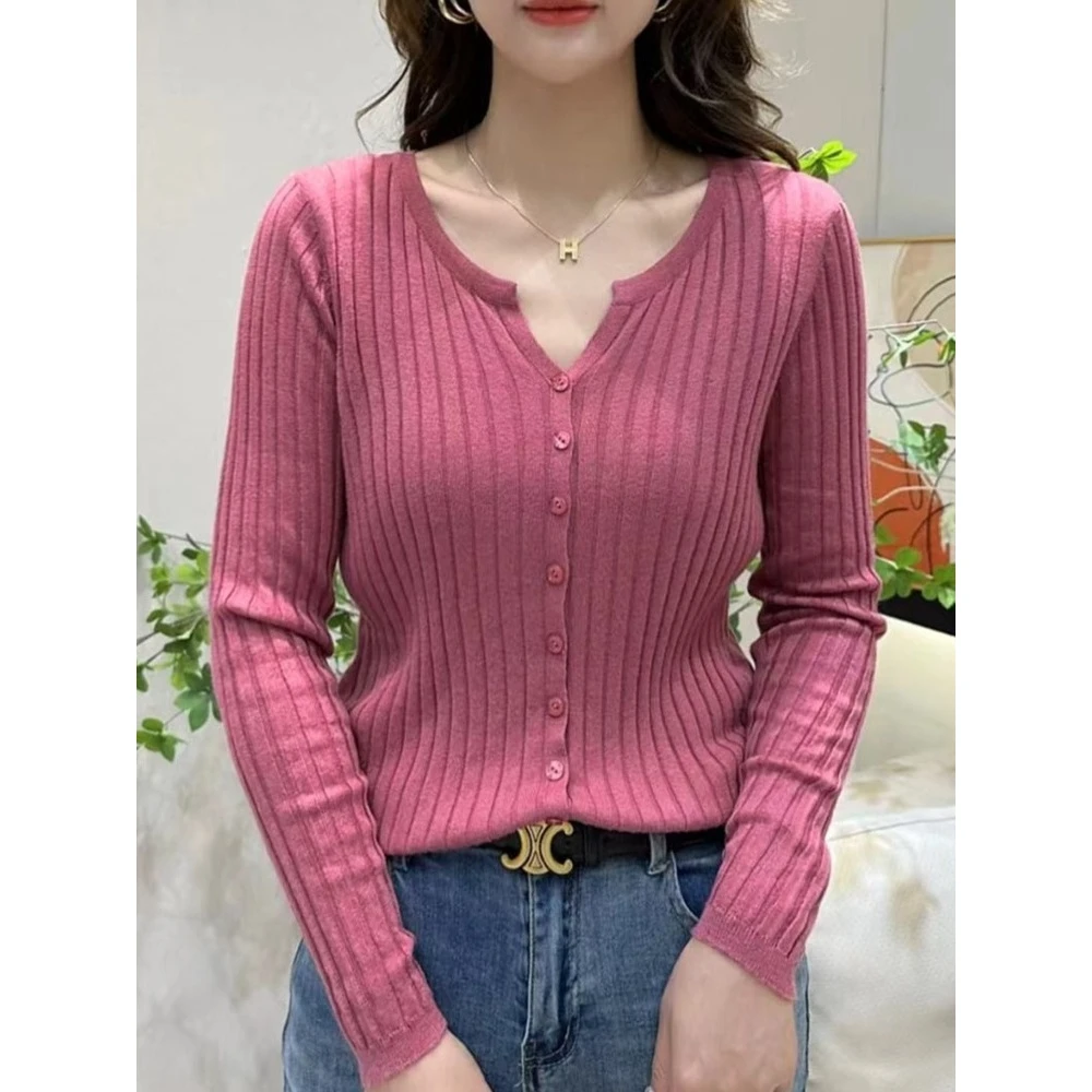 长袖针织衫春秋开衫百搭款坑条设计针织开衫上衣修身显瘦气质8867