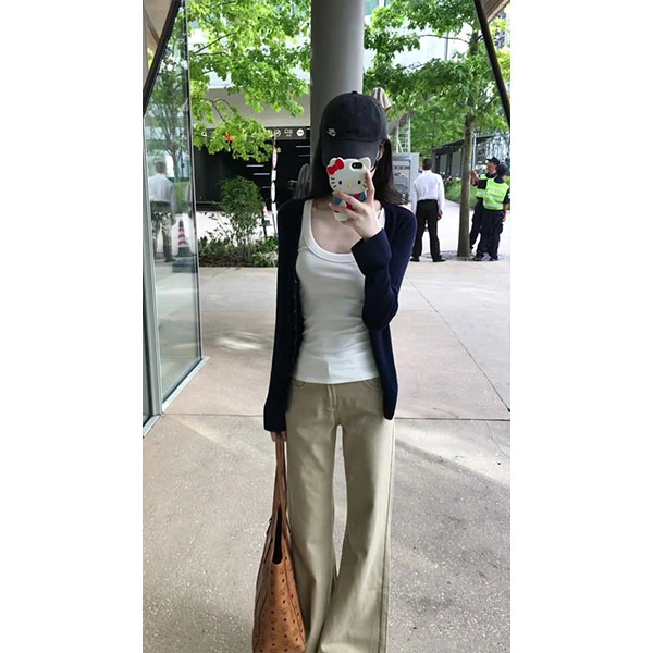 韩系早秋薄款长袖针织开衫女休闲百搭修身外套上衣+吊带+裤子套装