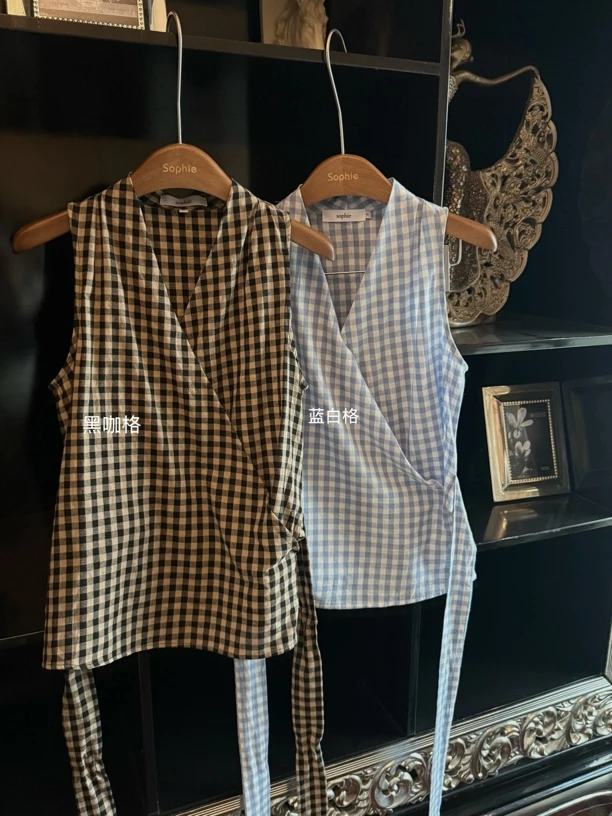 夏季格子绑带背心女修身显瘦无袖打底辣妹上衣（7083）