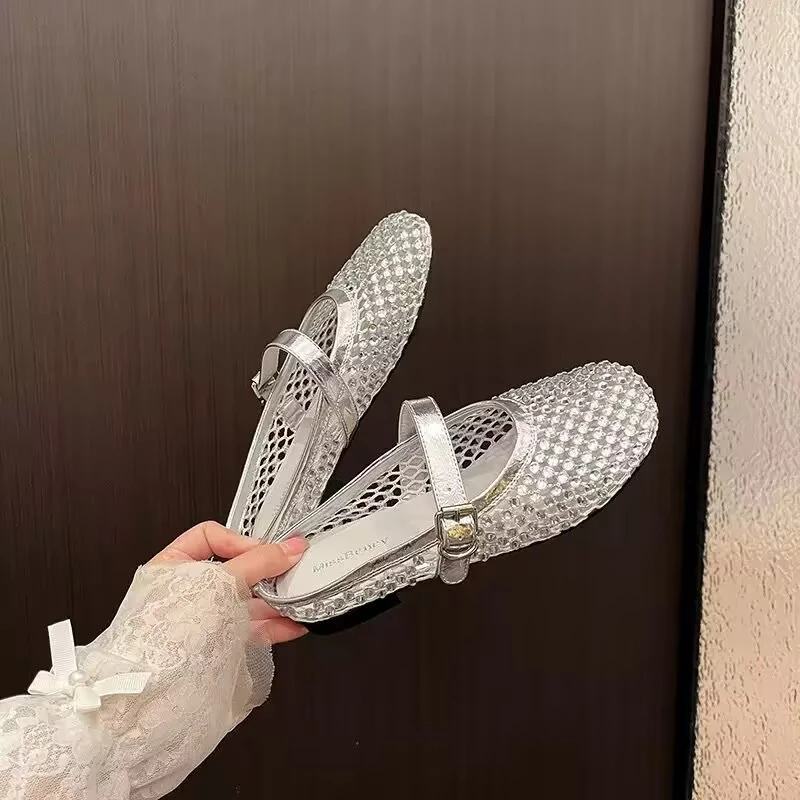 35-42码大码包头拖一字带亮钻半拖鞋女夏季2025新款网面透气拖鞋