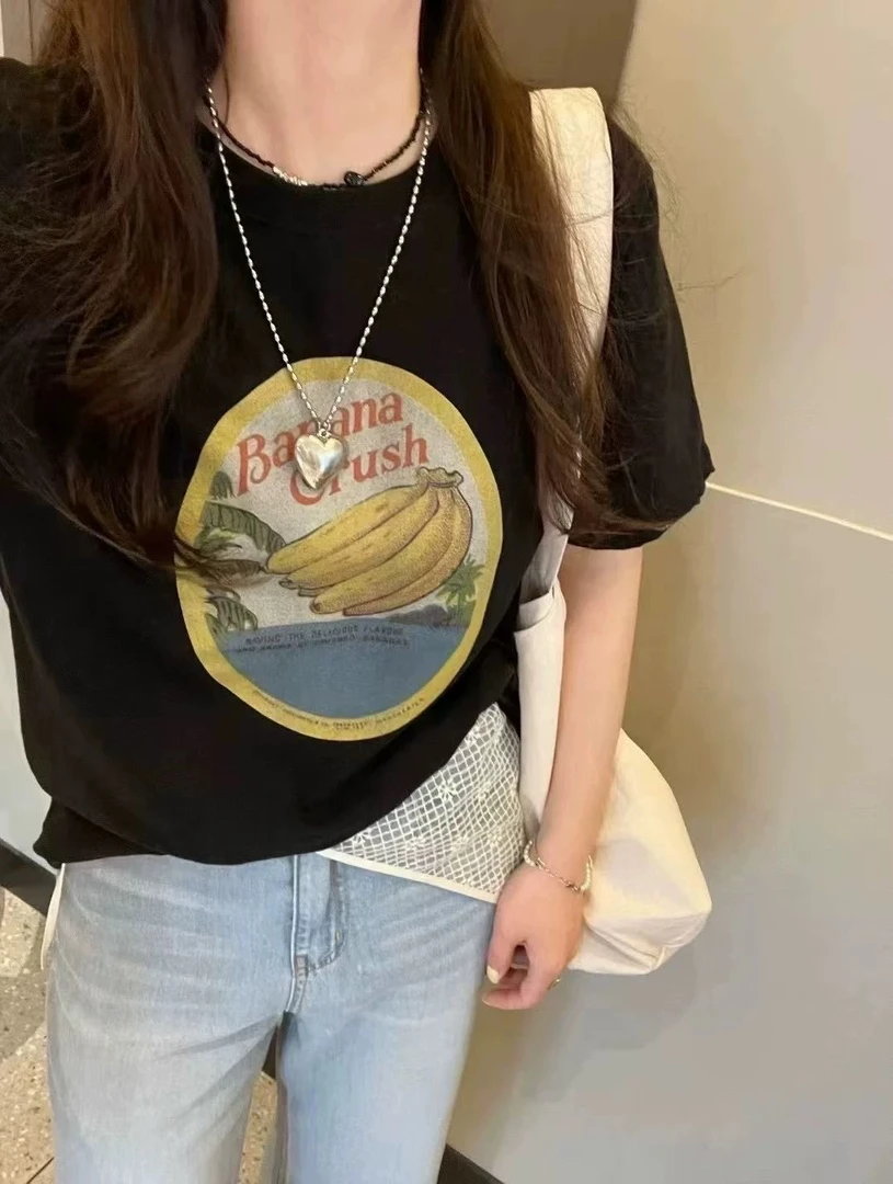 程程甄选  韩系香蕉T雪花棉小众宽松复古短袖8410