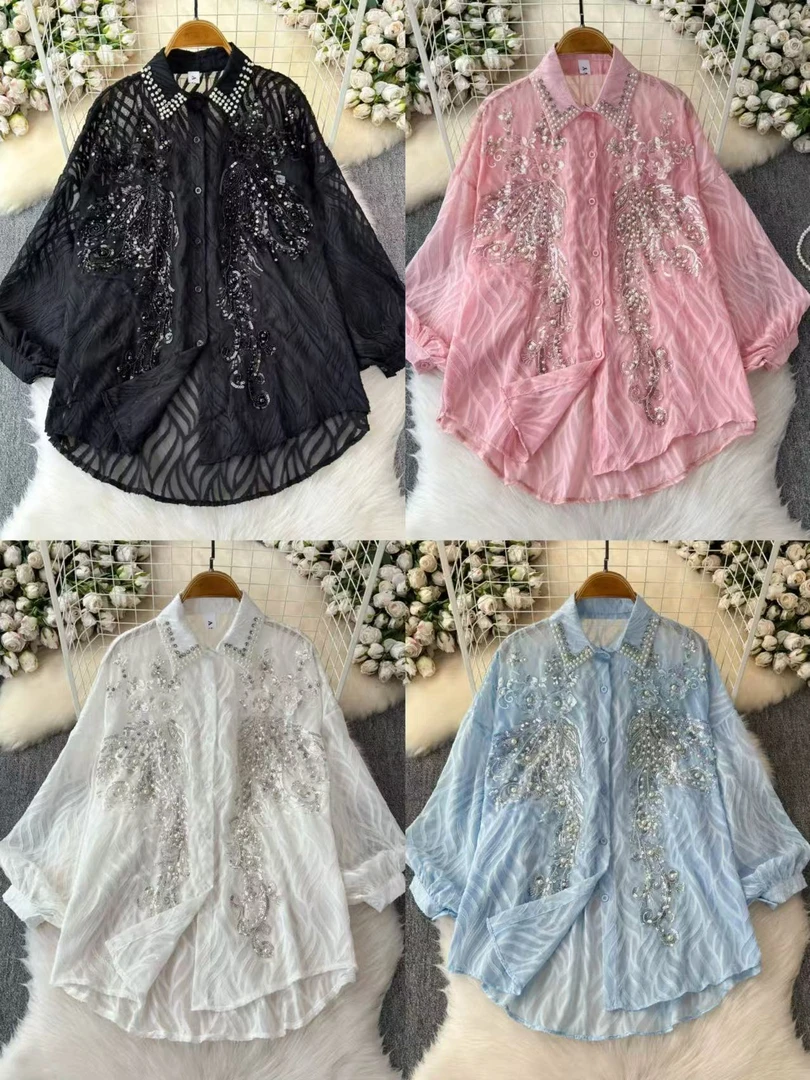 LL琳法式百搭长袖衬衫名媛高端钉珠薄款灯笼袖衬衣休闲上衣6091