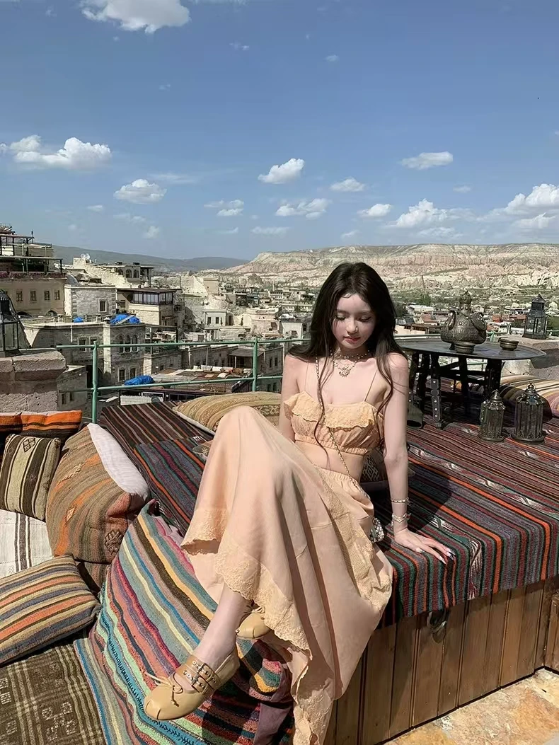 【摩洛哥记忆】性感辣妹设计感气质蕾丝吊带上衣女显瘦半身裙套装潮