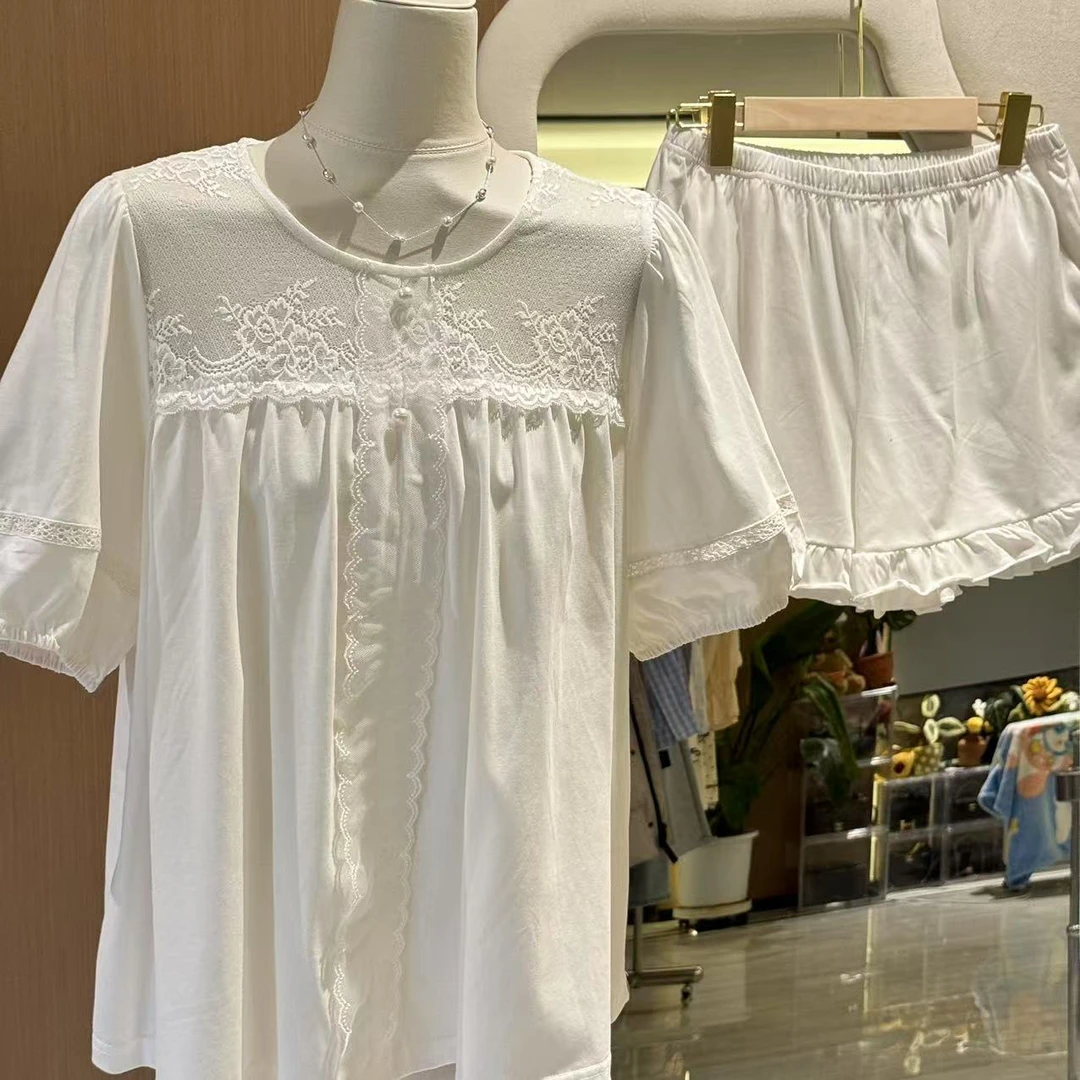 珠珠蕾丝泡泡袖镂空短袖短裤夏季宽松家居服睡衣套装