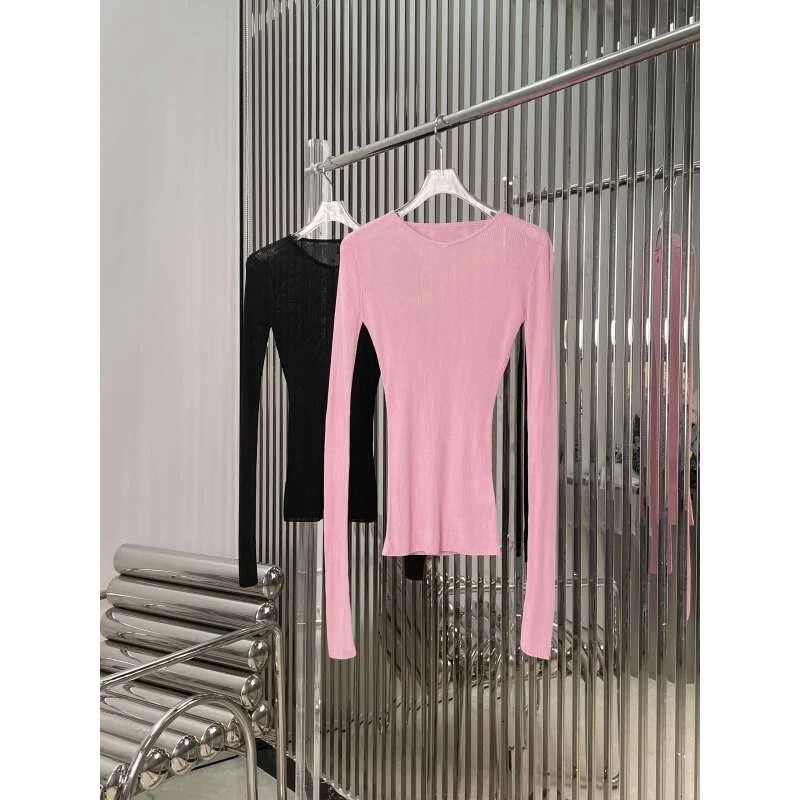 张元英同款 V领纯色长袖修身打底针织衫