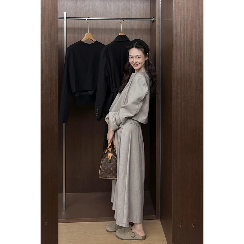 简约时尚高级感穿搭两件套显瘦百搭长袖上衣高腰休闲宽松半身裙女