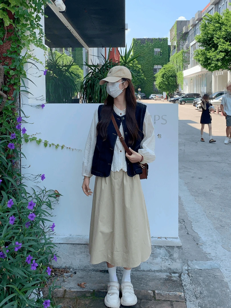 2025夏季一整套女复古圆领宽松牛仔马甲背心搭配衬衫半身裙三件套