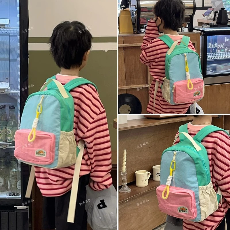 日系儿童双肩包女童拼接撞色书包幼儿园男孩超轻出游研学背包学生