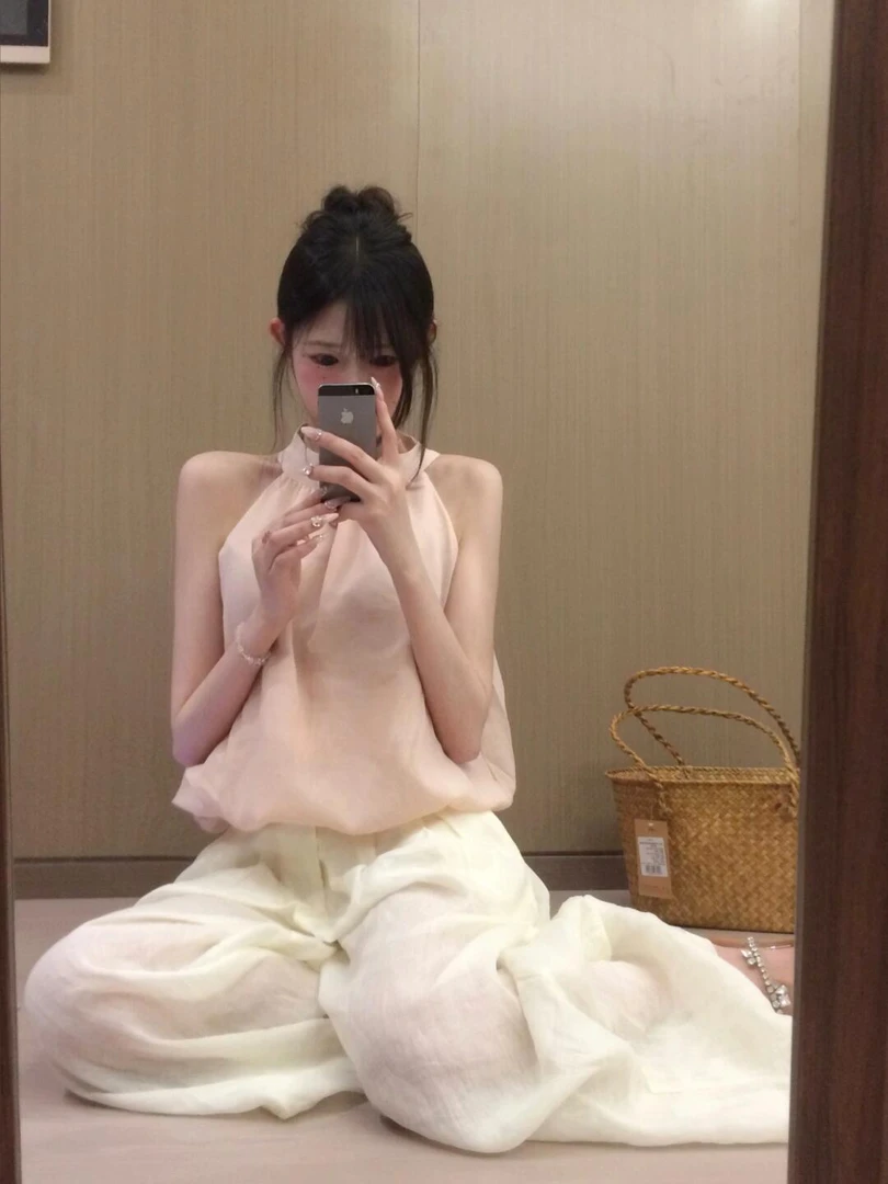 法式甜美减龄气质韩系挂脖背心无袖上衣宽松显瘦薄款休闲长裤套装