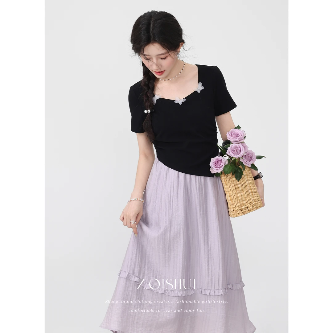 张汽水法式方领拼接短袖连衣裙女设计感漂亮显瘦裙子NZ15980