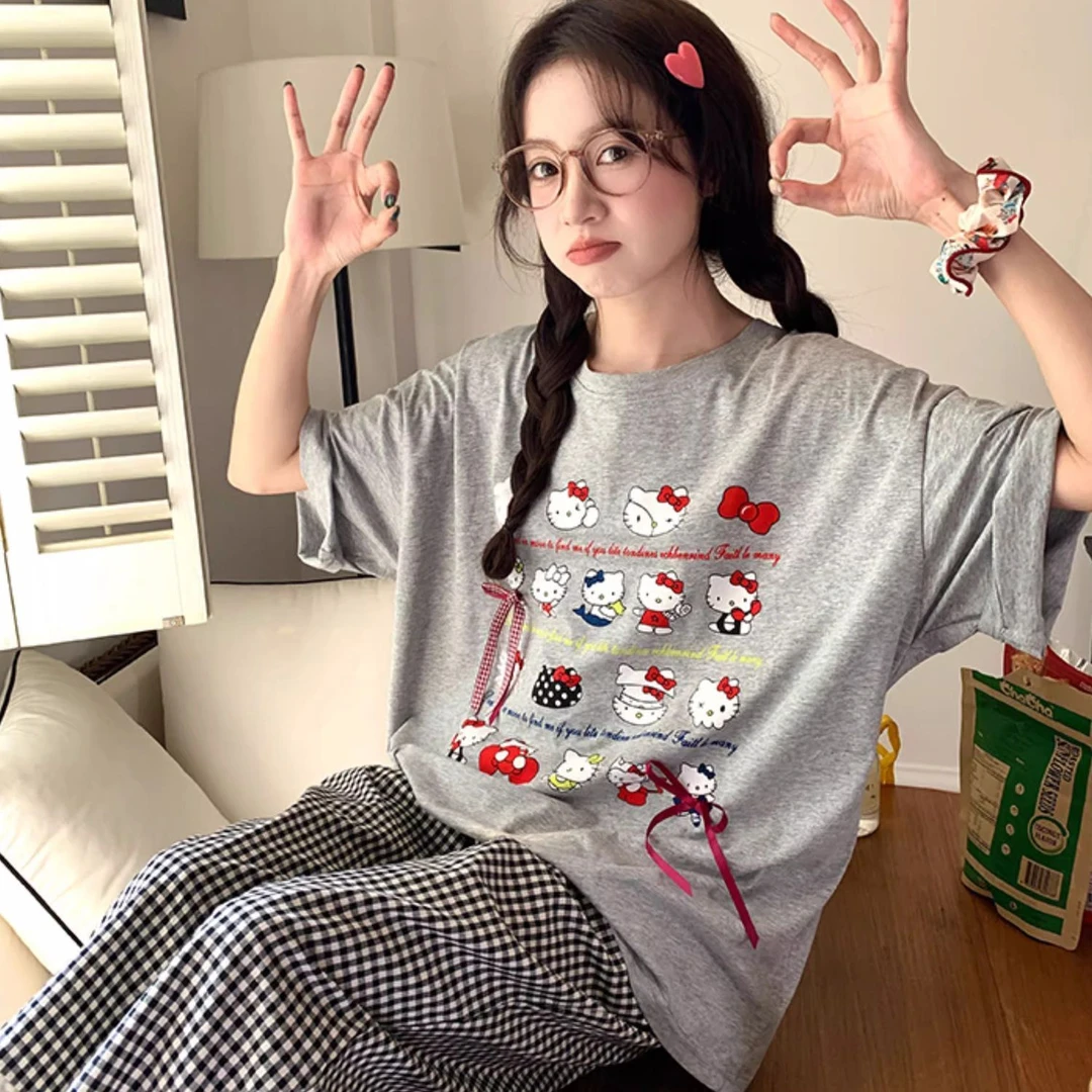 夏季可爱卡通睡衣女2025早秋新款短袖格子长裤家居服套装可外穿