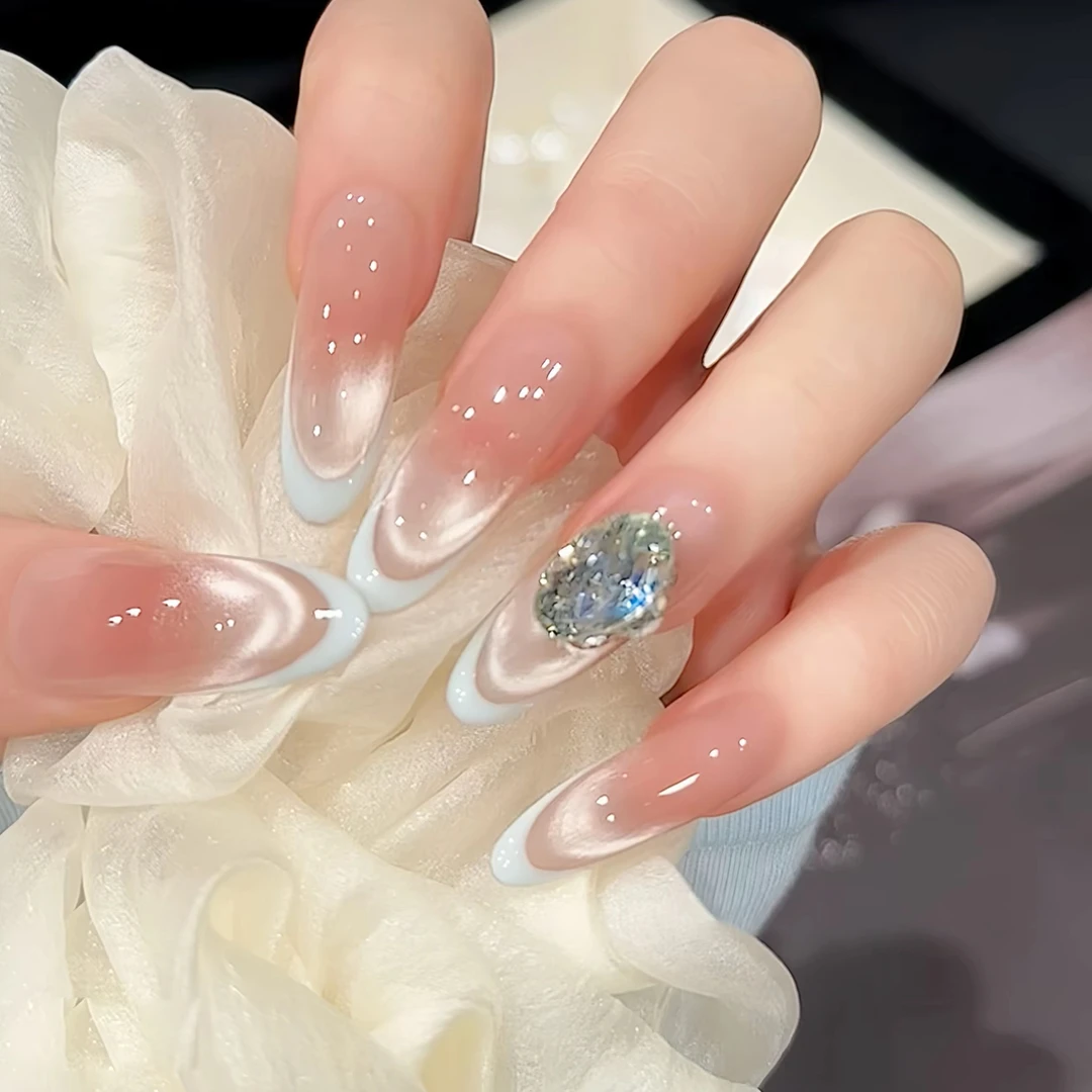 【月牙湾】法式纯欲腮红渐变纯欲冰透夏季气质纯手工穿戴甲成品美甲