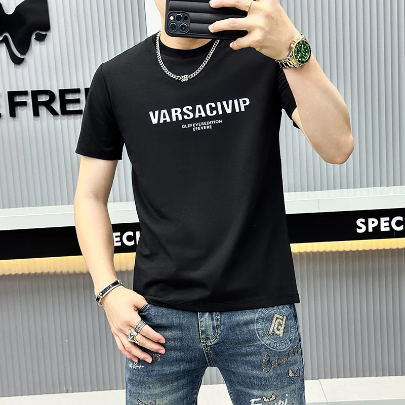 欧货夏季男士丝光棉短袖t恤潮牌修身刺绣亮片上衣高端冰丝打底衫