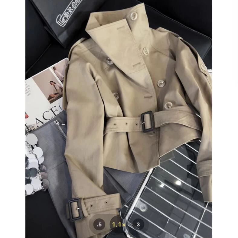 卡其色短款风衣外套女韩系复古酷飒风立领双排扣小个子衬衫上衣秋