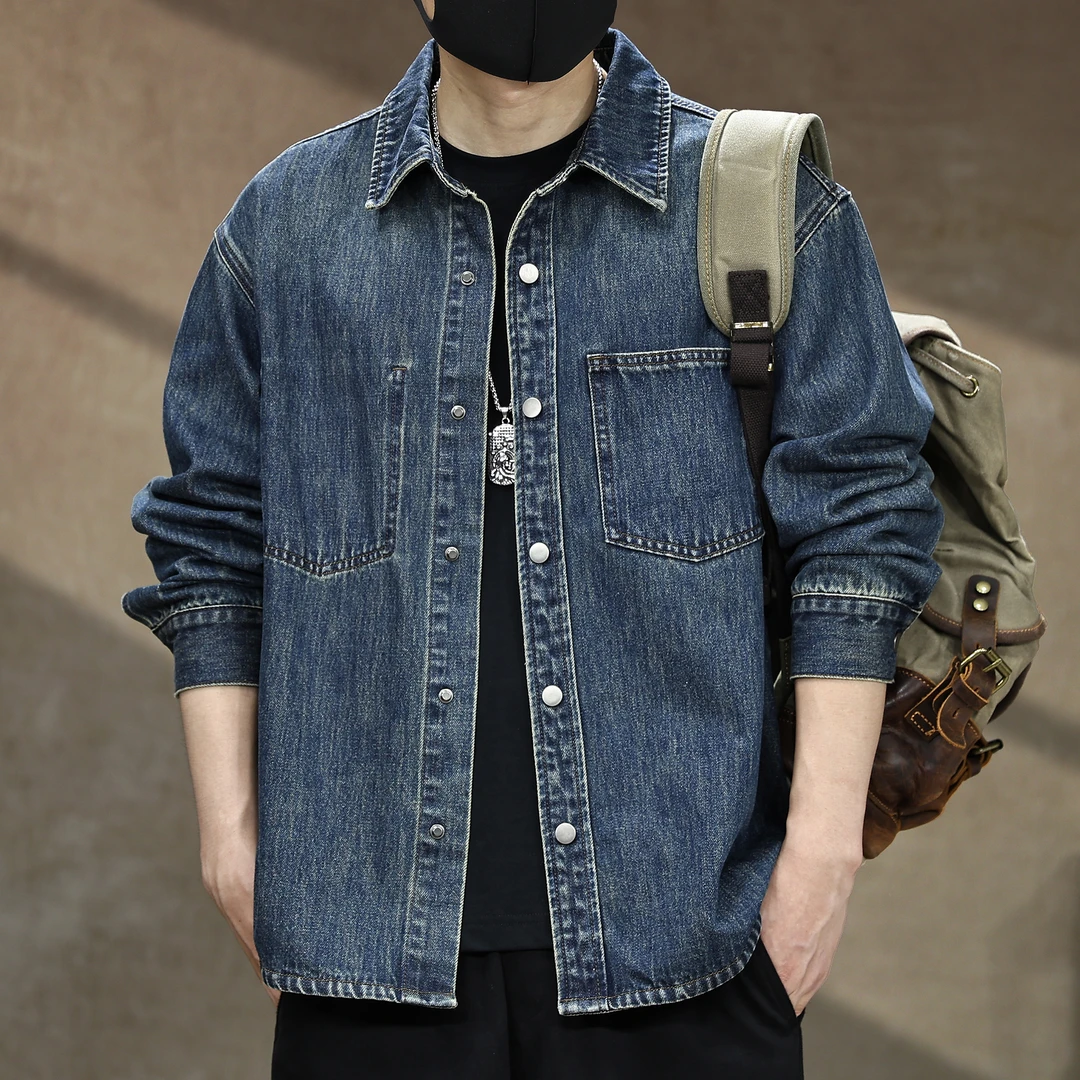 高端水洗经典怀旧蓝牛仔衬衫男宽松春秋季美式复古长袖衬衣男上衣