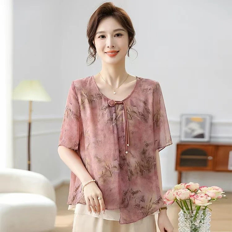 中老年女装妈妈装气质显瘦复古宽松夏季时尚雪纺衫遮肚1020cy