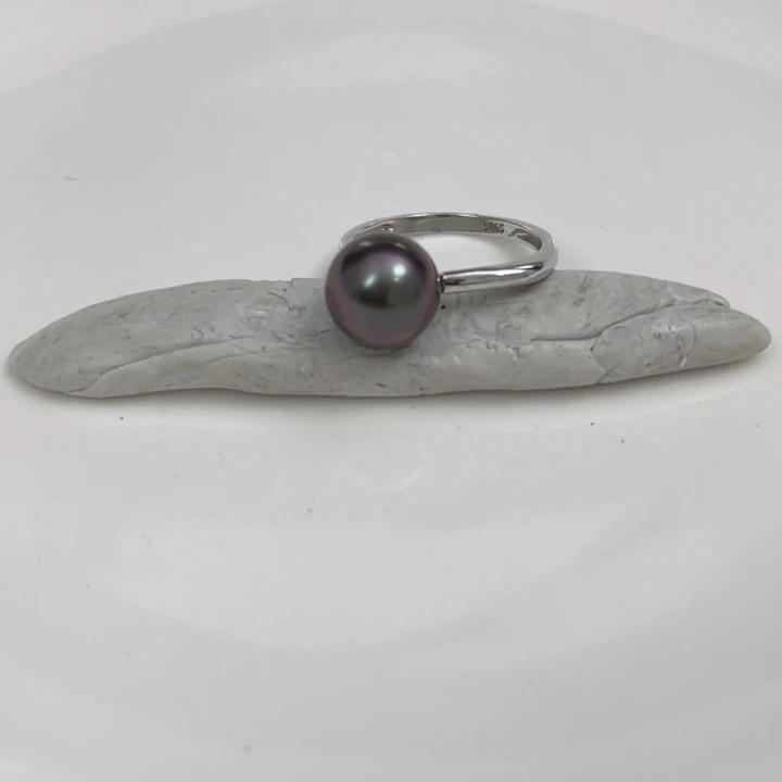 海水珍珠戒圈银S925镶嵌大溪地紫9-10mm