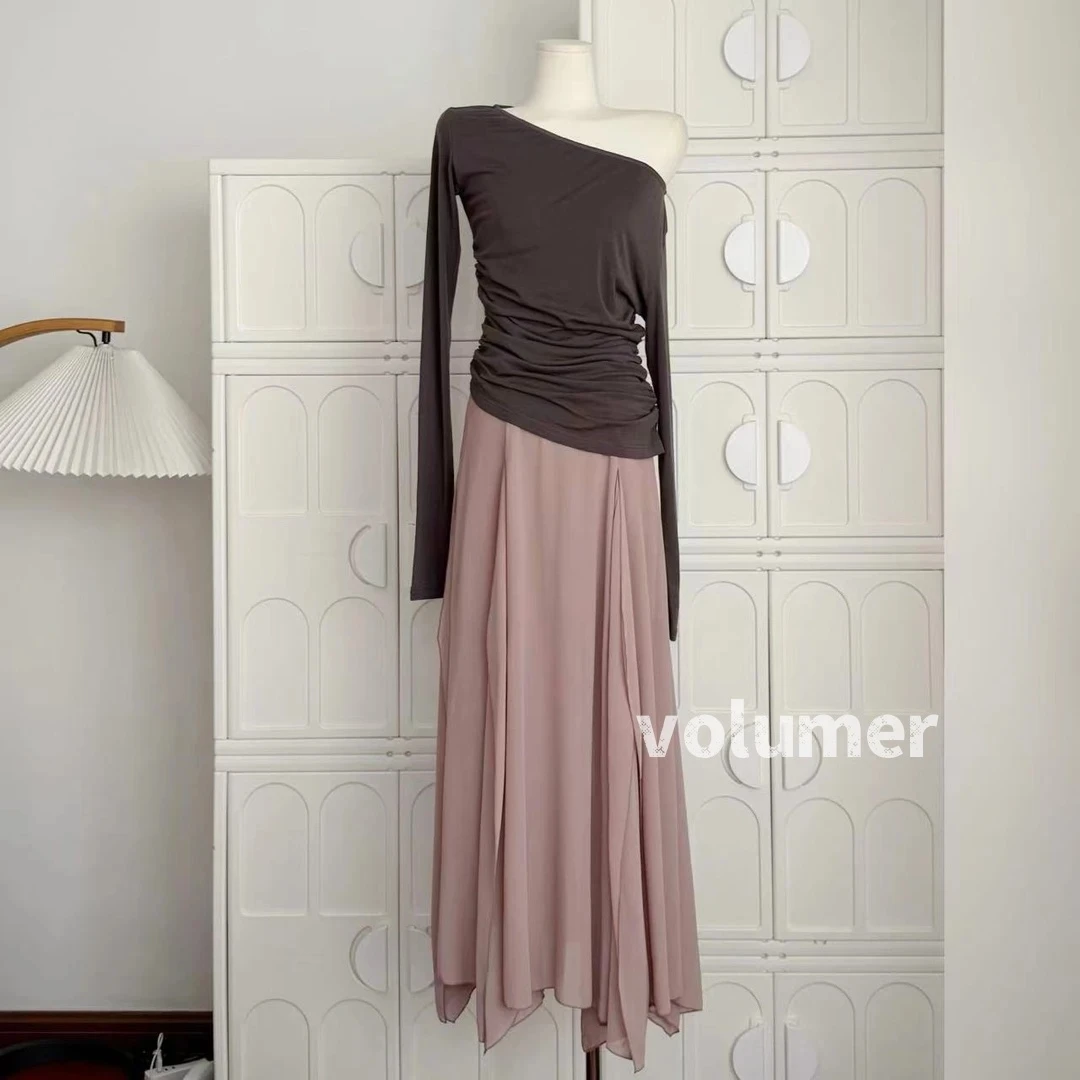 【volumer实拍】女生衣服露肩长袖打底上衣夏高腰a字裙防粉色半身裙