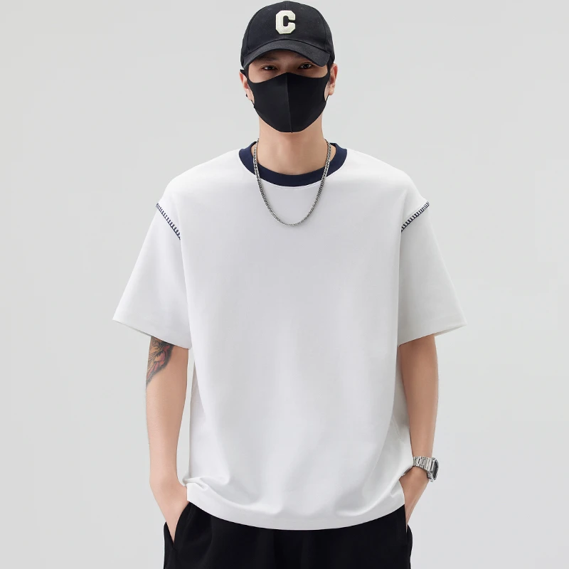 夏季新款拼接撞色短袖T恤莫代尔时尚百搭简约高级感圆领短袖男款