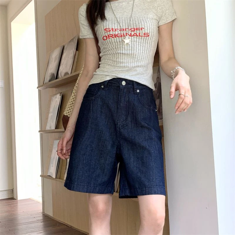 拉夏贝尔深色牛仔五分裤女2025新款秋季外穿短裤时髦宽松直筒中裤