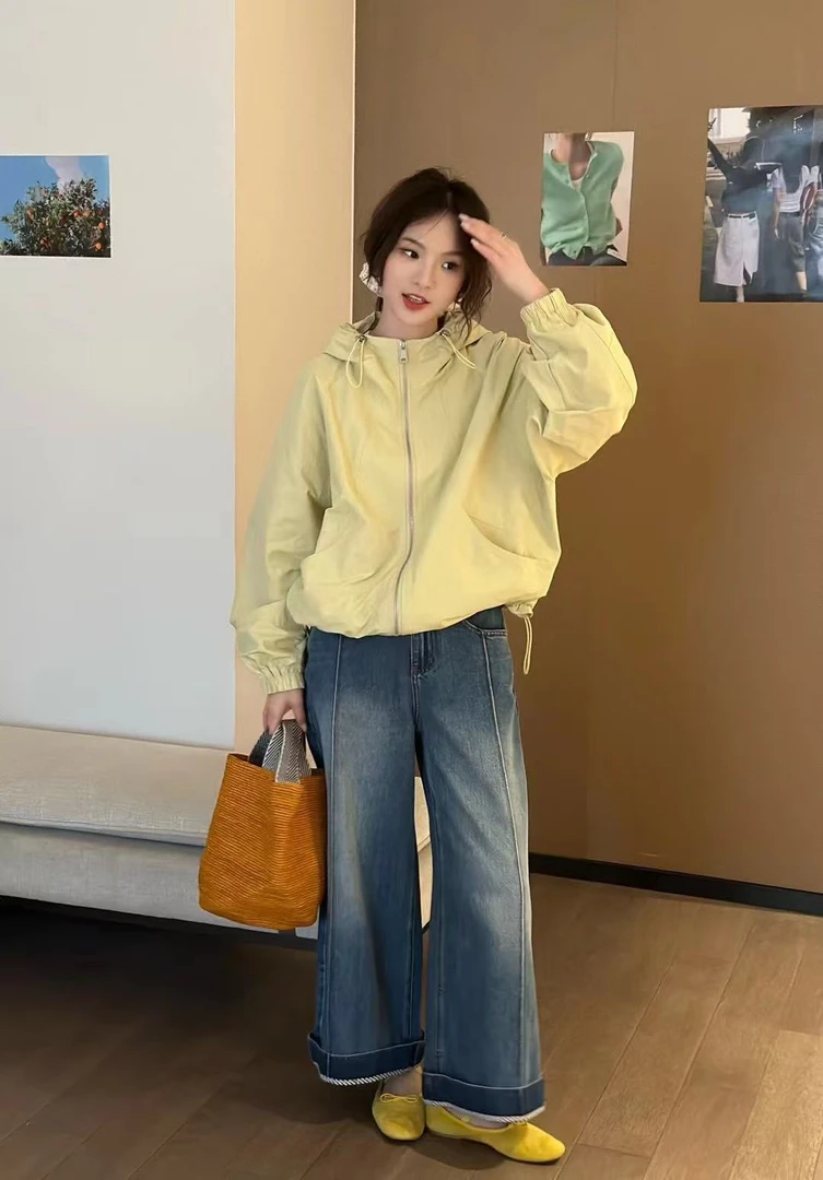 褶皱短外套夏季纯色防晒衣时尚口袋春秋春季长袖连帽女显瘦