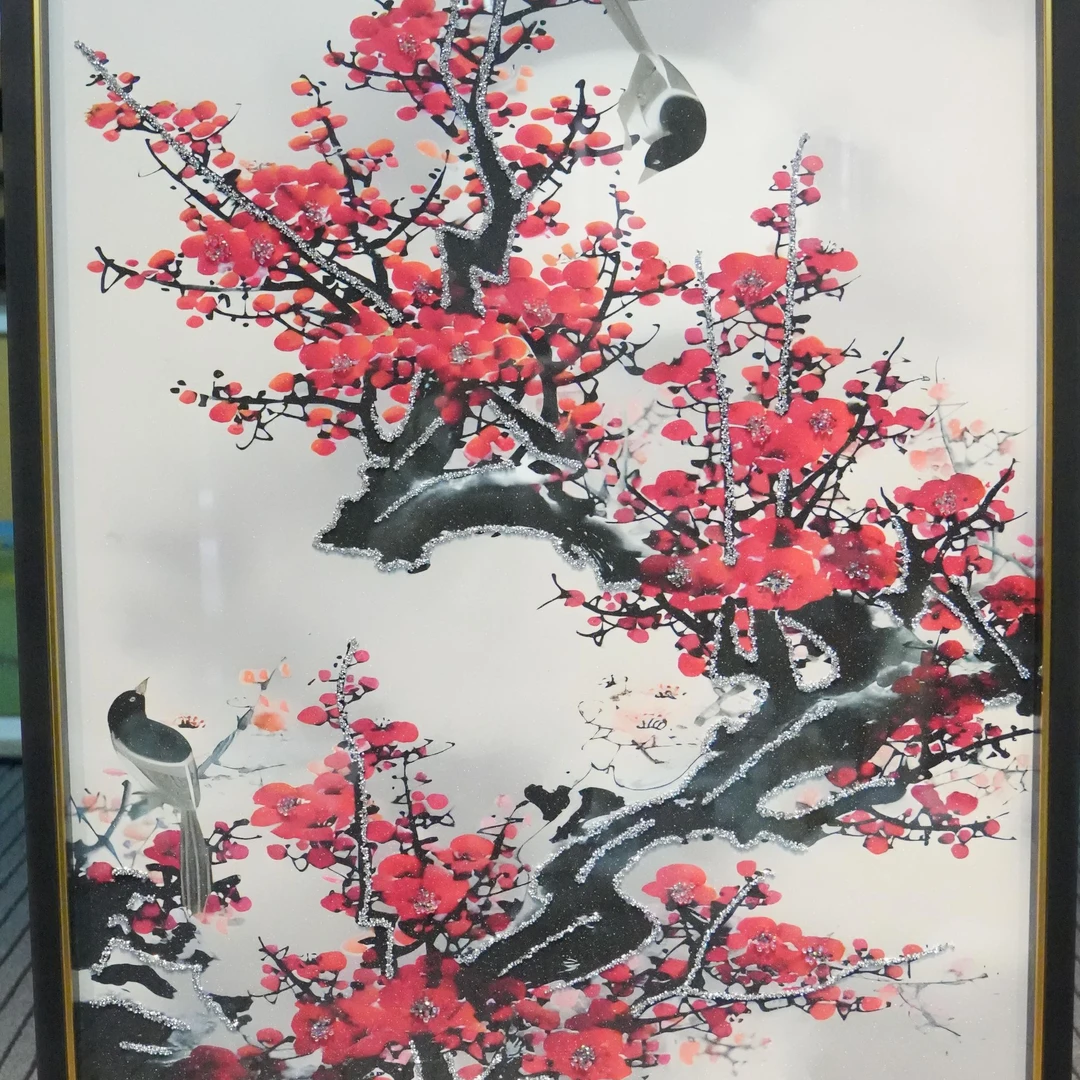 红梅报喜钢化玻璃装裱玄关装饰画新中式喜上眉梢80120