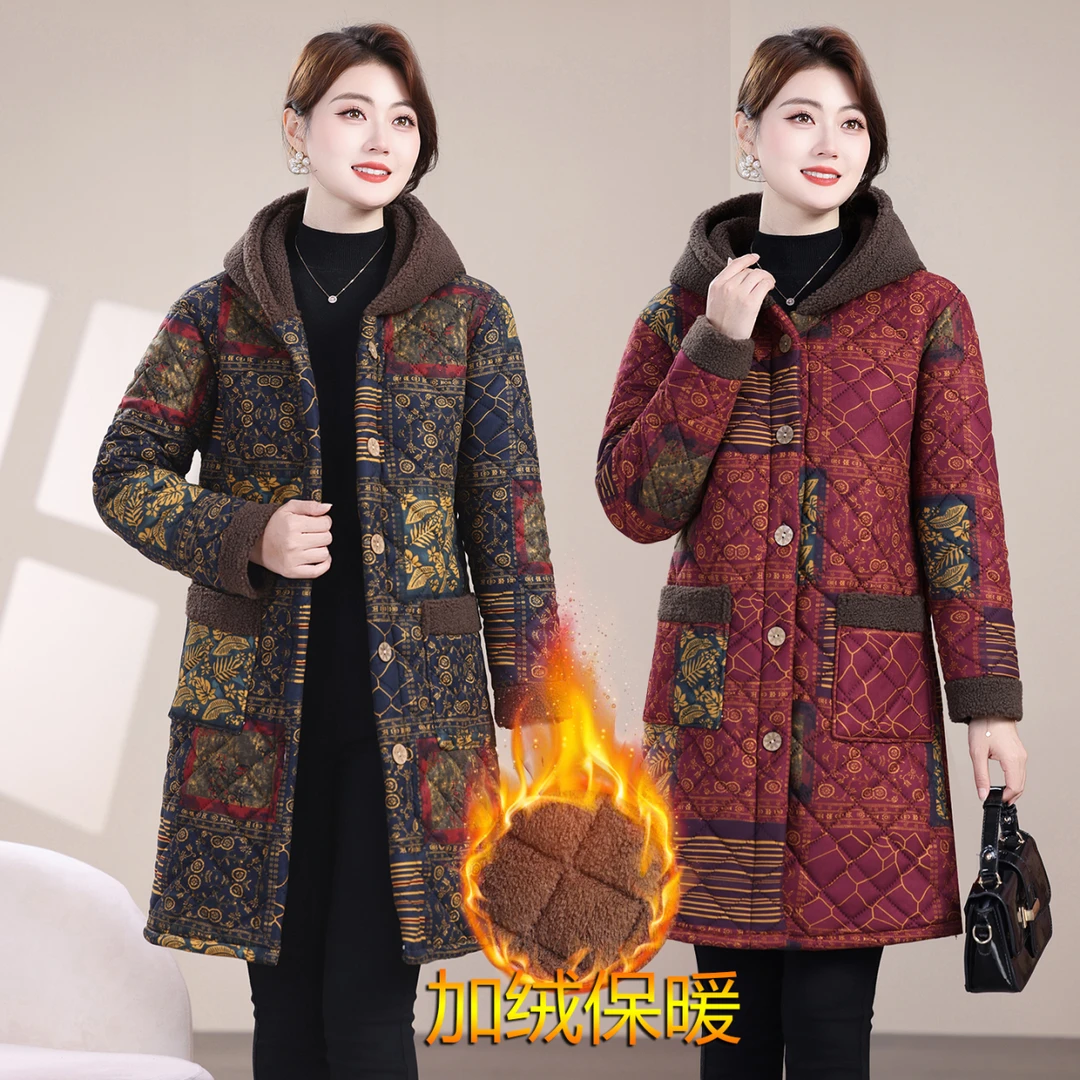 冬季连帽中老年女装休闲风常规外套中长款女装妈妈装气质大码洋气