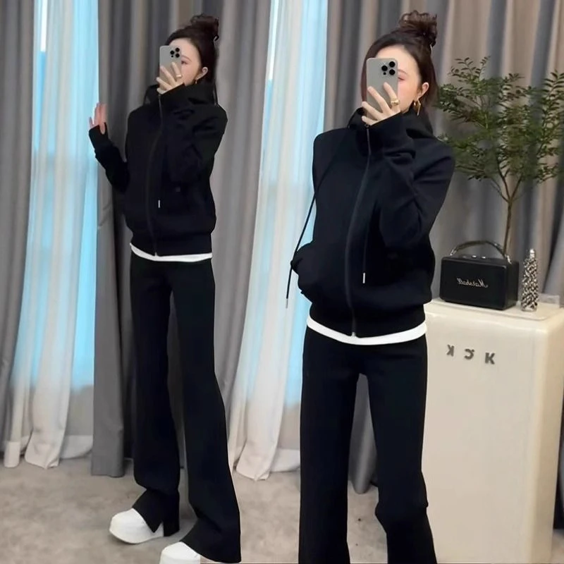 宽松季大码胖运动服女加厚连帽外套加绒直筒洋气显瘦裤斤酒红时尚