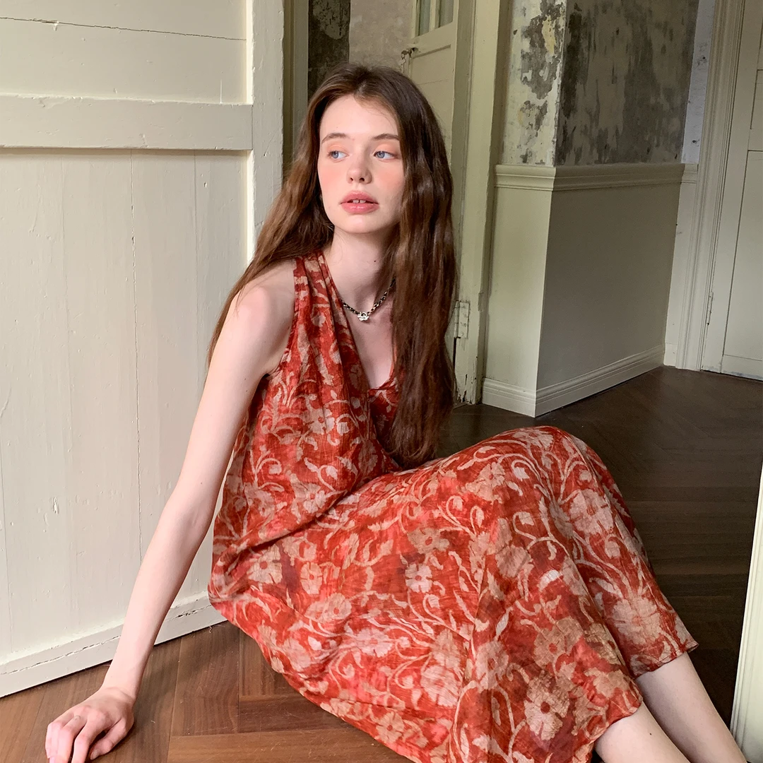 ZHUYIYI 100苎麻印花高级感挂脖显瘦连衣裙女原创设计新款长裙