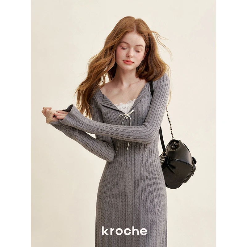 Kroche  浪漫邂逅 蕾丝花边 假两件拼接修身长款针织连衣裙