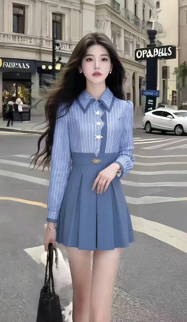 秋季时尚显瘦减龄蓝色翻领条纹长袖上衣+蓝色高腰半身裙女两件套