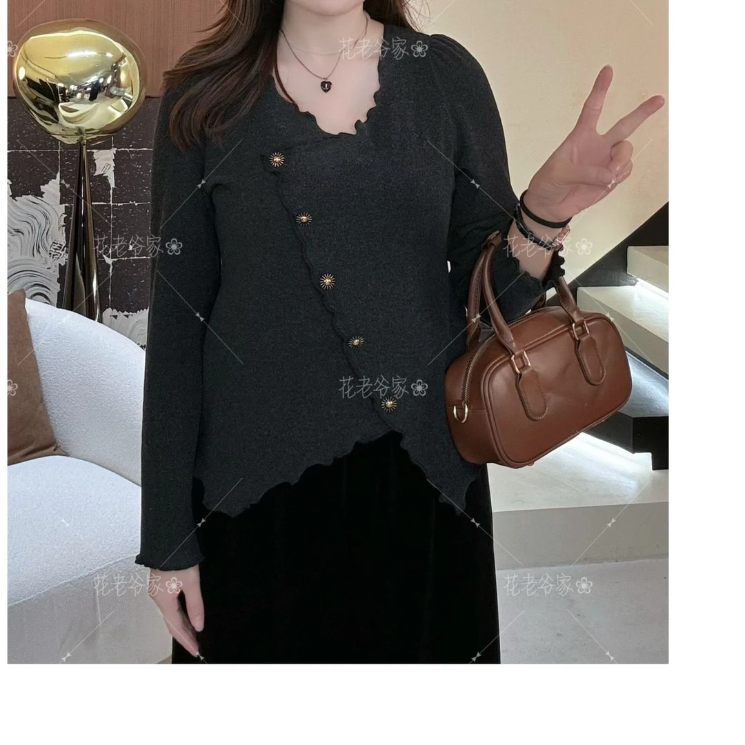 【婷哥定制 雪花飘落】秋季大码女装V领不规则斜边精致上衣HLY3619