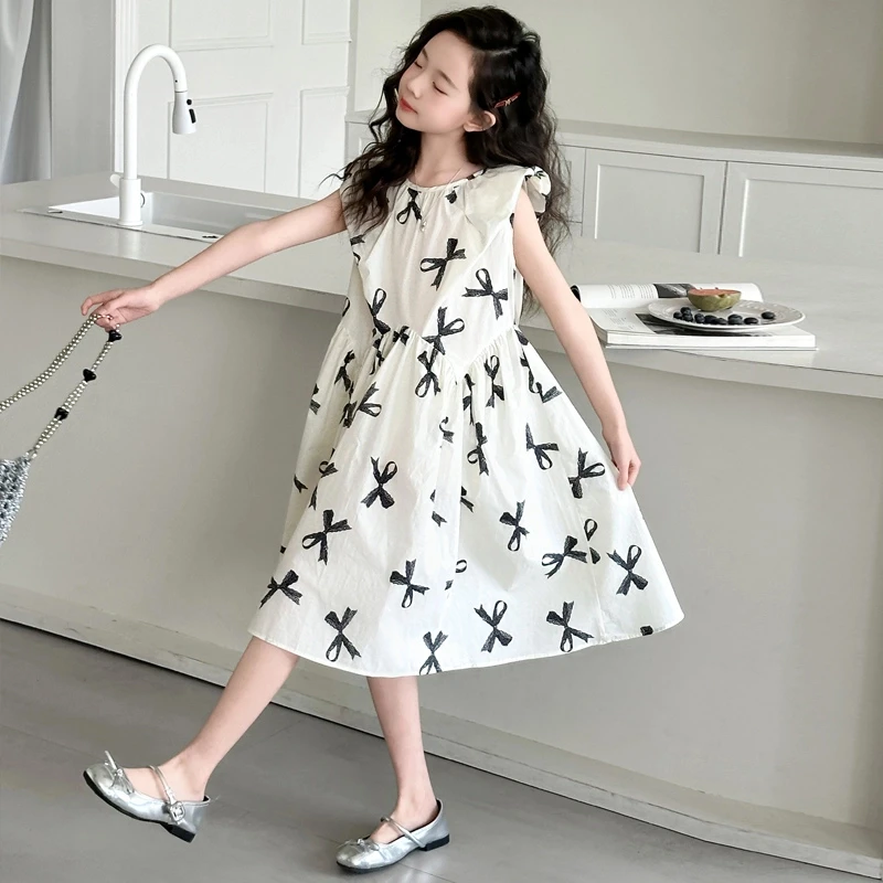 女童连衣裙2025夏季新款女大童无袖公主裙洋气蝴蝶结小仙女礼服裙