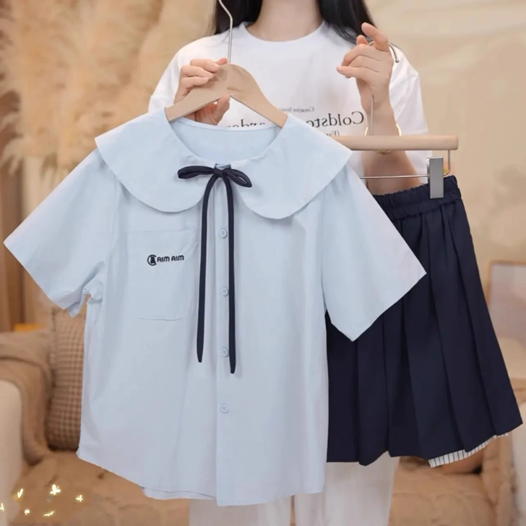 女童学院风短袖短裙套装夏季2025新款娃娃领衬衫T恤百JK褶裙洋气