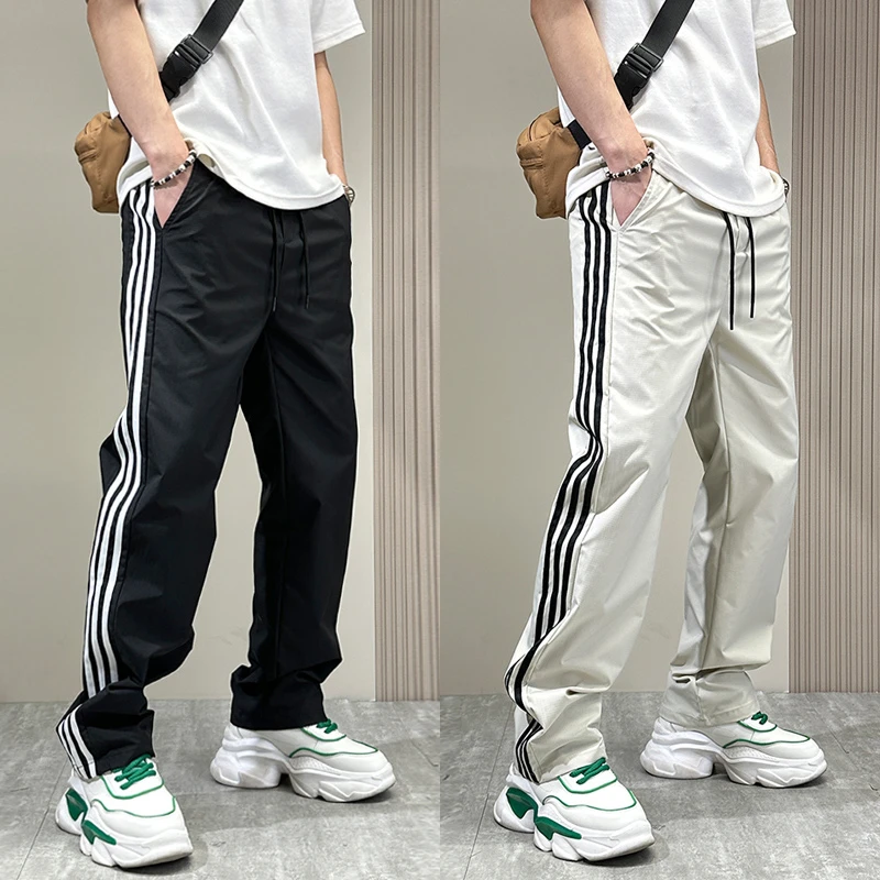 男裤夏季薄款条纹速干休闲裤子百搭潮牌宽松直筒长裤三道杠运动裤
