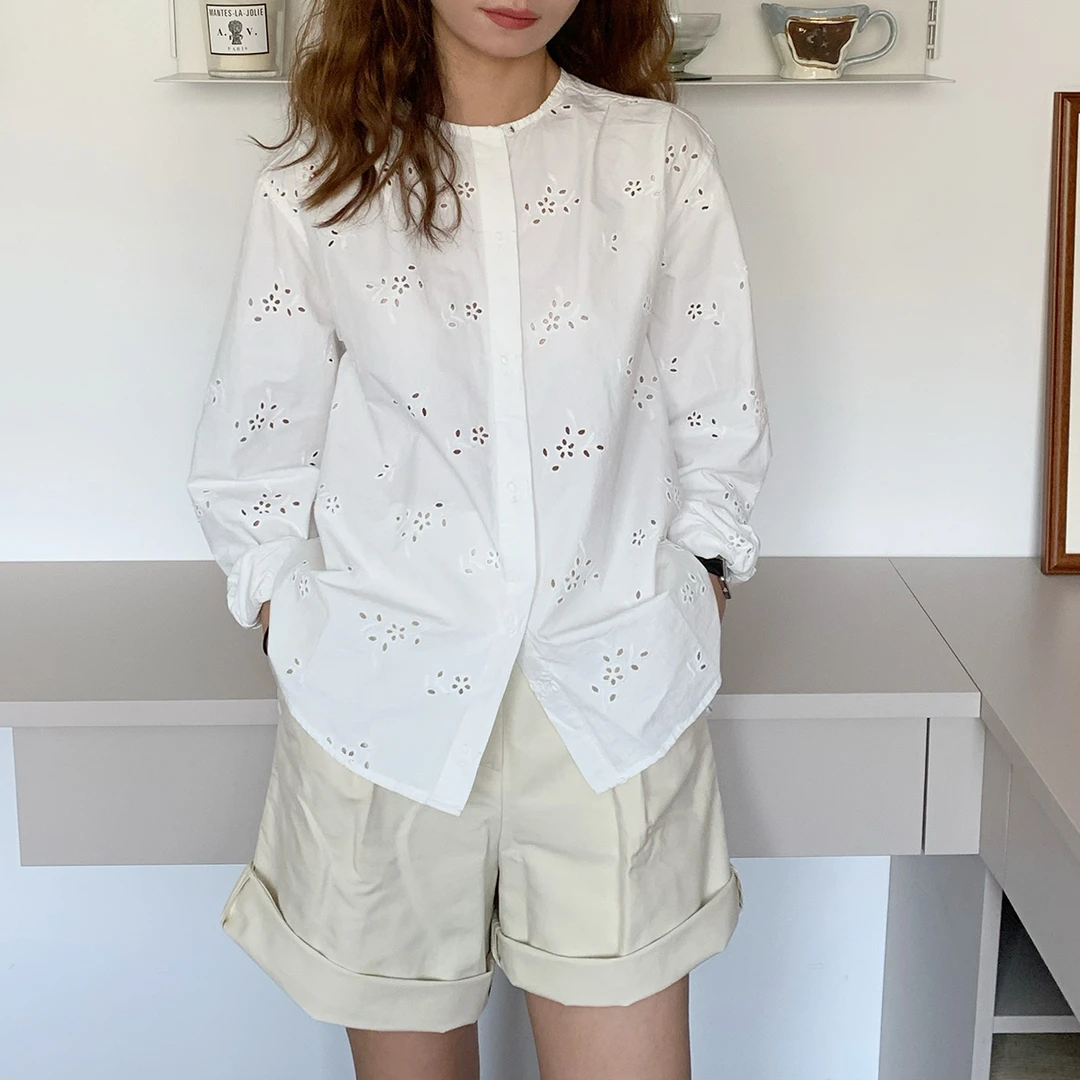 大吹女DCN/法式重工镂空钩花圆领宽松白色衬衫宽松红色连衣裙女