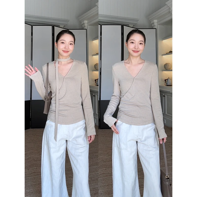 郭九九呢 棉质V领修身显瘦长袖T恤（含飘带）阔腿长裤 G925A13935-1