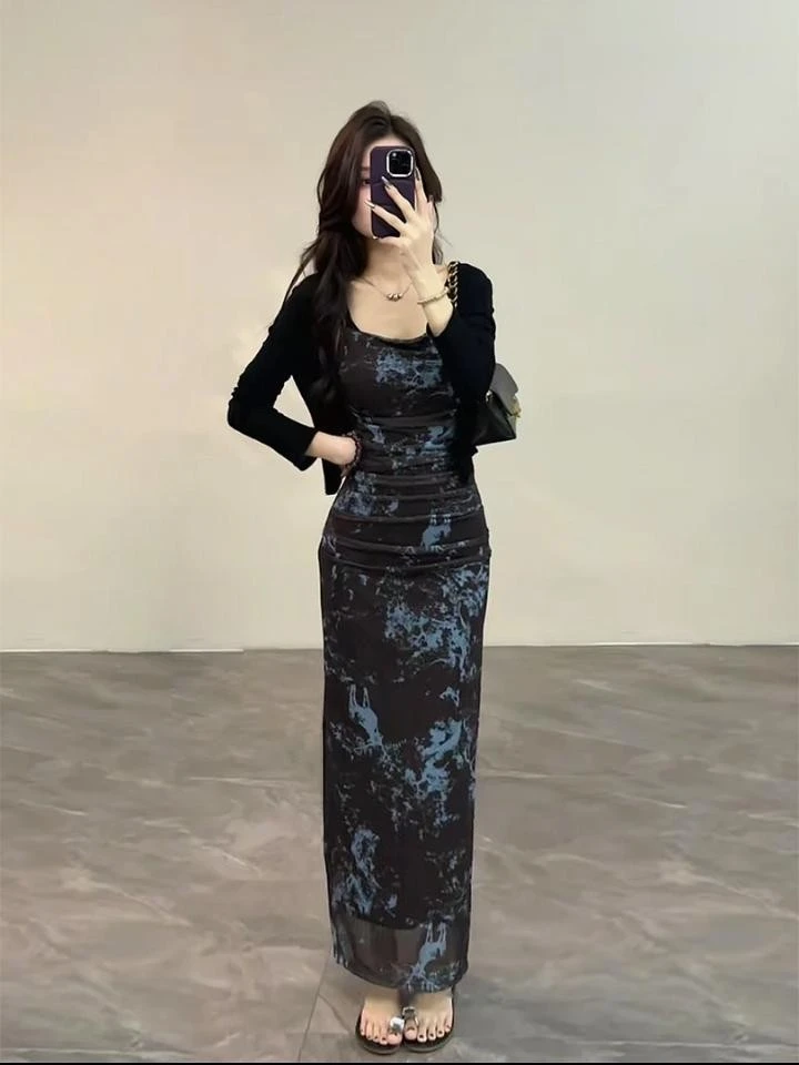 2025新款高级感墨染复古修身连衣裙开叉包臀新款吊带长裙