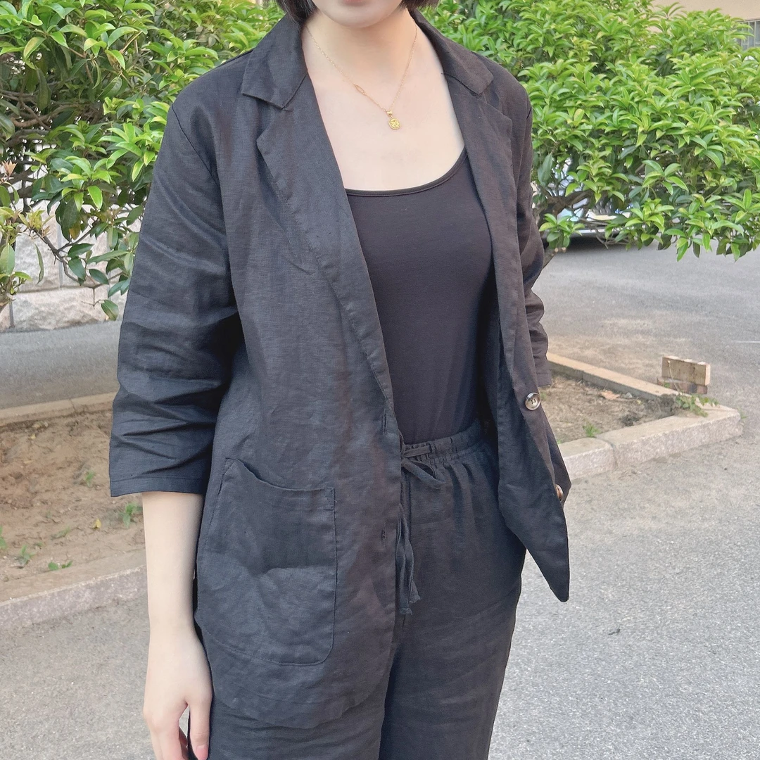 100%亚麻设计款休闲西装领女士上衣