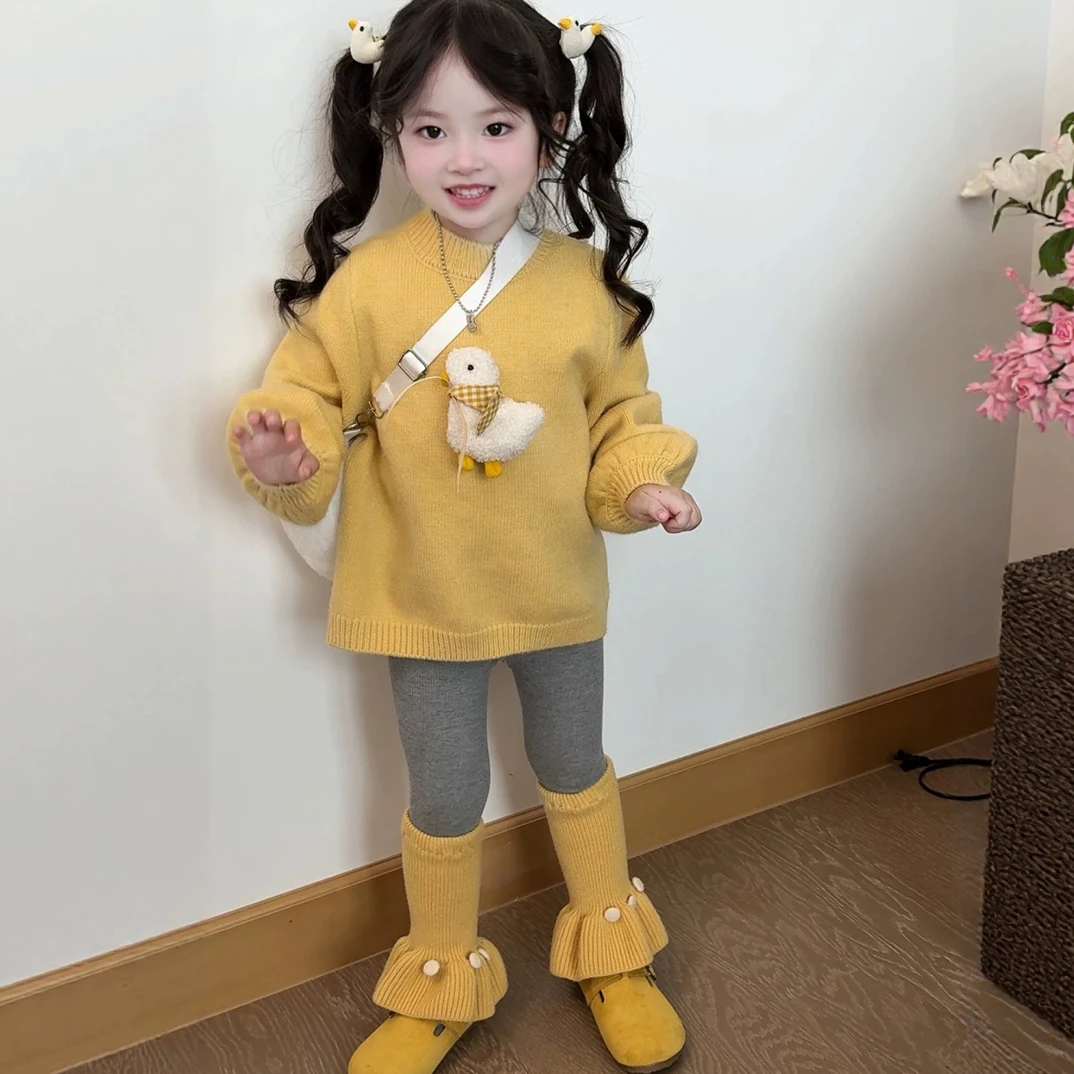 韩系女卡通动漫卡通小鸭针织套装儿童秋冬保暖上衣童装百搭毛衣