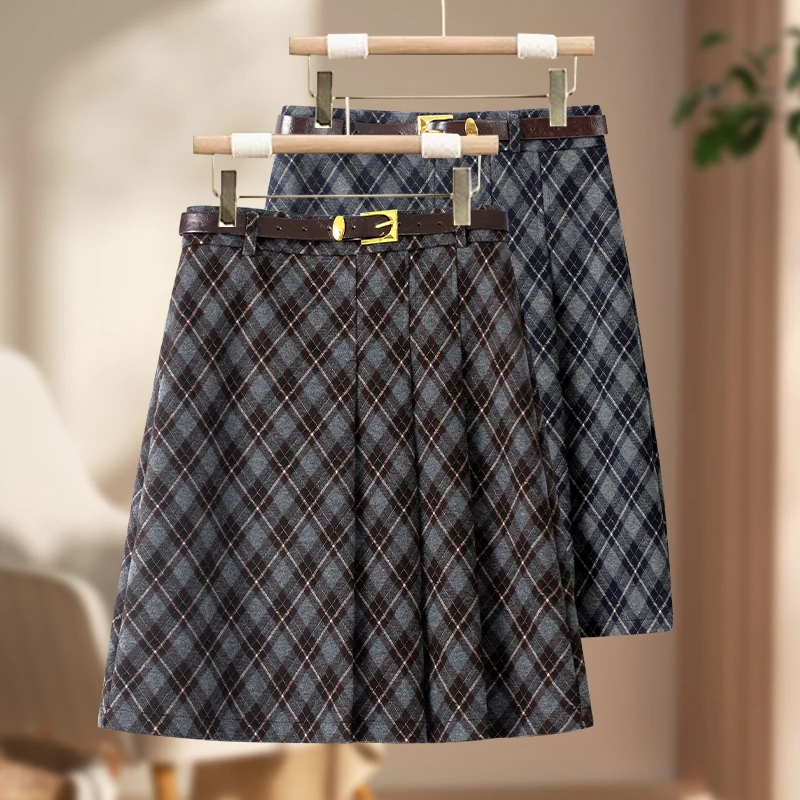 毛呢格纹高腰百褶裙2025秋冬时尚新款中长款洋气百搭A字半身女裙
