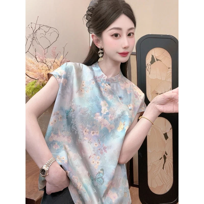 【蓝梦】2025夏季新款百搭碎花显瘦新中式短袖女日常时尚