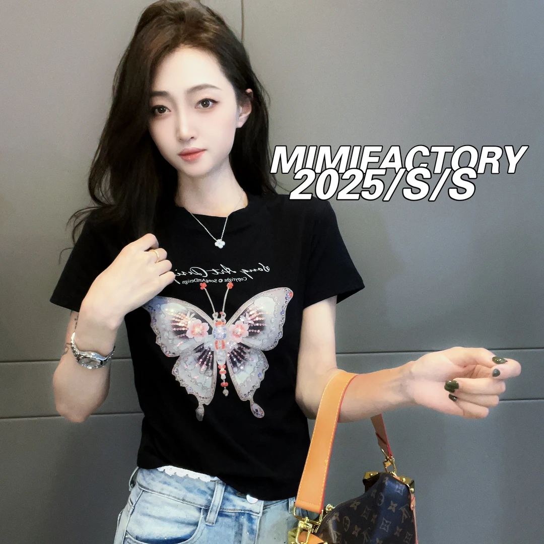 芈芈2025夏季新款 亮片蝴蝶彩拔印花短袖T恤女修身显瘦上衣4038#